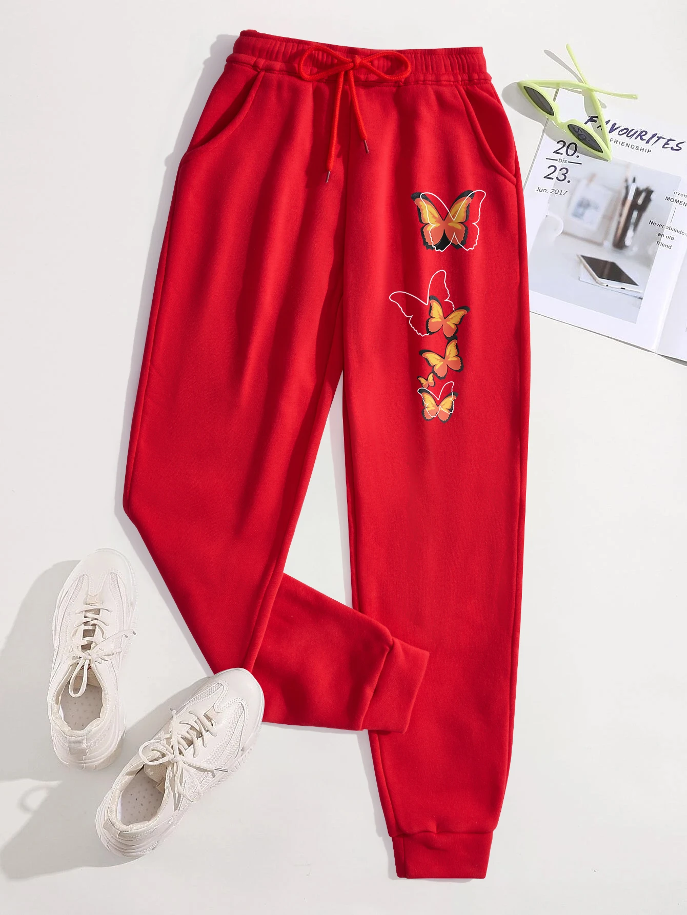 Withered Leaf Butterfly Printed Woman Sweatpant Pocket Warm Joggers Fleece Fashion Pants Comfortable Hip Hop Female Sportpants