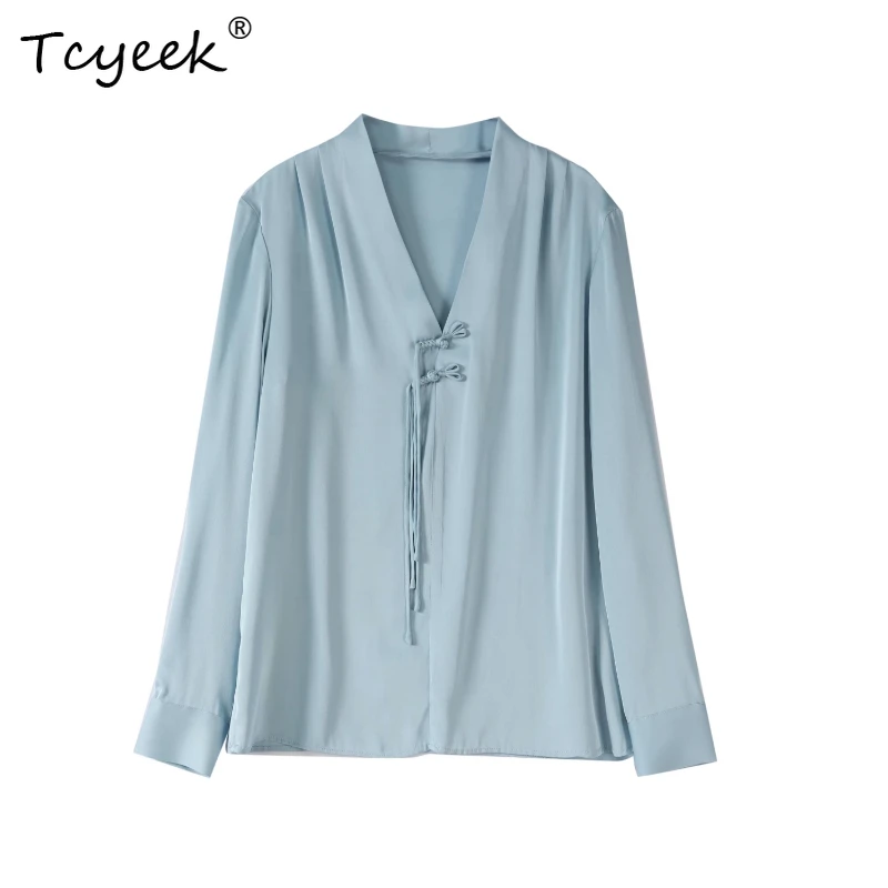 

Tcyeek 93% Mulberry Silk 7% Spandex Spring Summer V-neck Chinese Style Long Sleeved Solid Color Women's Shirts Женская Одежда