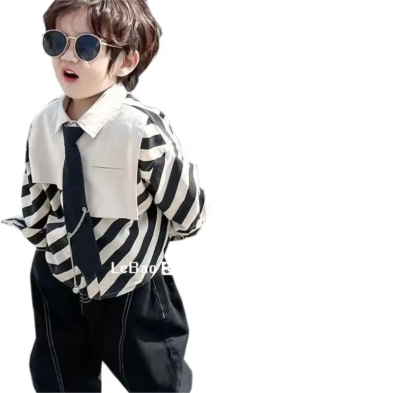 Boys Spring And Autumn Two-piece Set 2024 New Handsome Black And White Stripe Shirt Pants Children\'s Clothes Fashion Suits