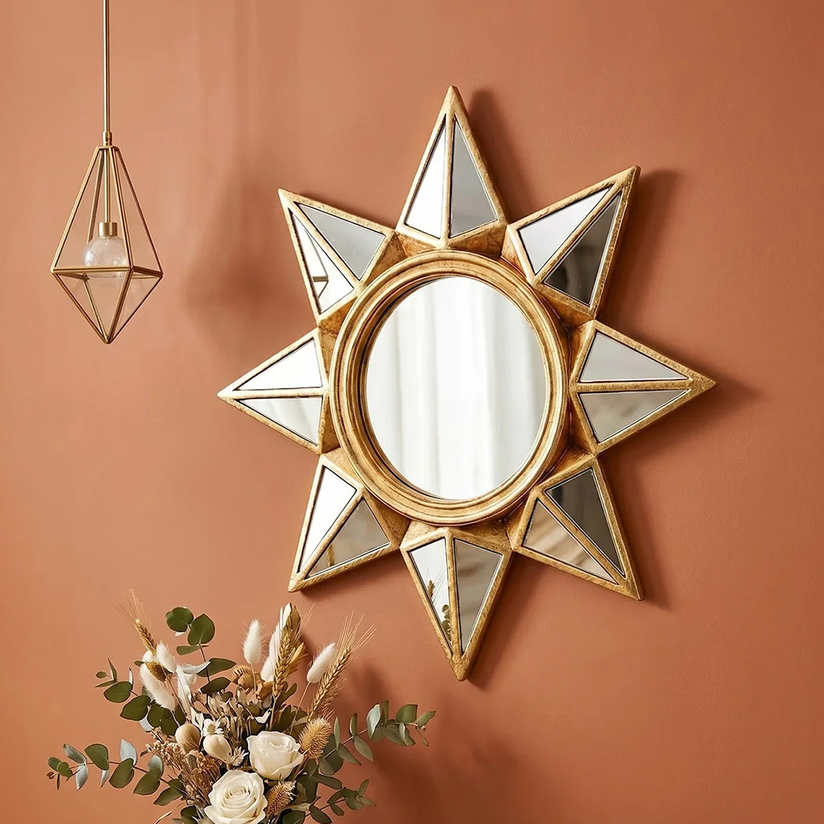 Golden Octagonal Star Mirror Pendant Back Wall Golden Star Wall Decoration Sun Wall Hanging Room Decoration Accessories