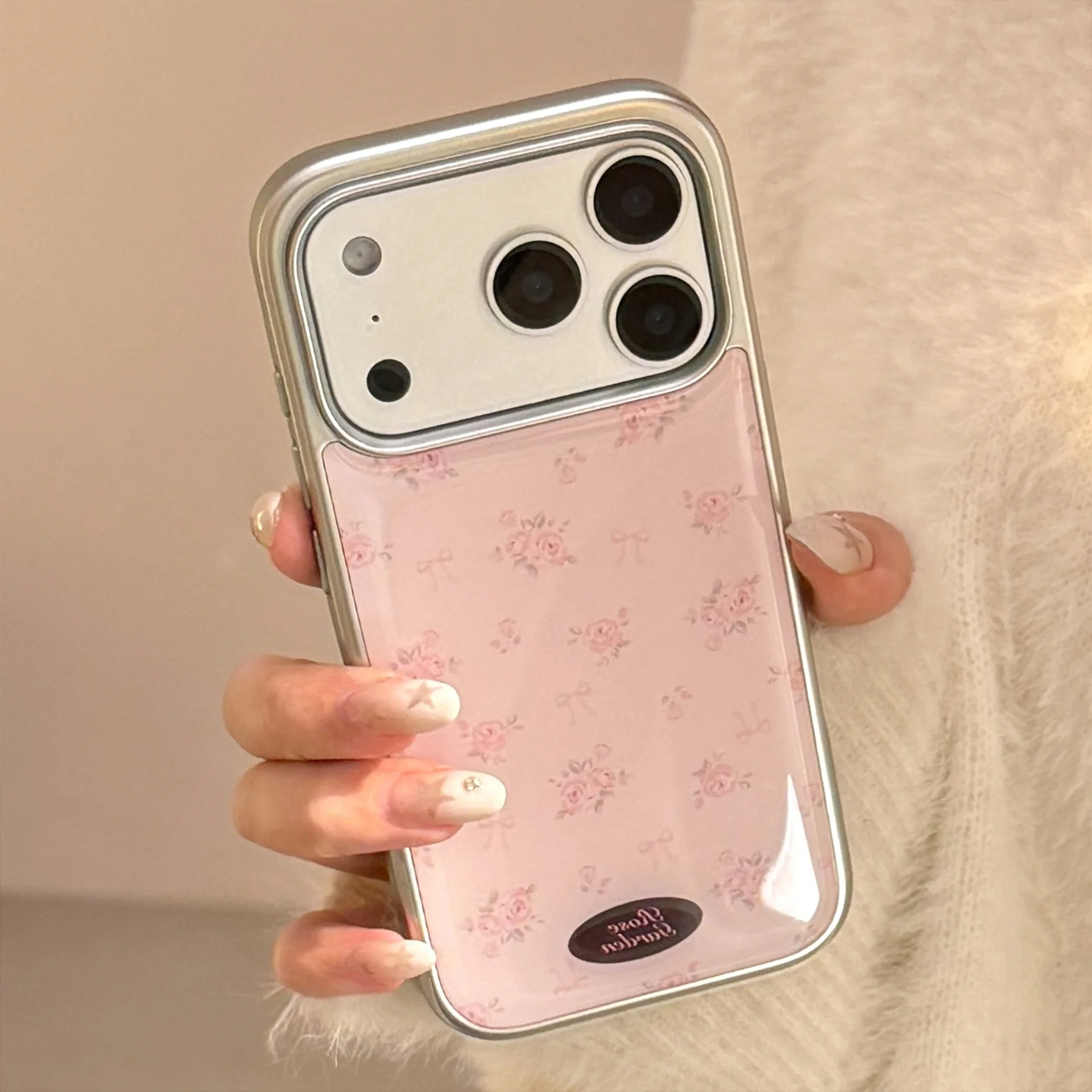 Koreanische rosa Blumen Tropfen Kleber galvanisierte Handyhülle für iPhone 17, Air 16, 15, 14, 13, 12, Pro Max, stoßfeste Schutzhülle