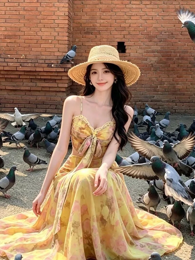 Beautiful Tropical Vacation Style Yellow Floral Print Strapless Dress Beachwear Perfect for Sanya Beach High Waist A-Line Skirt