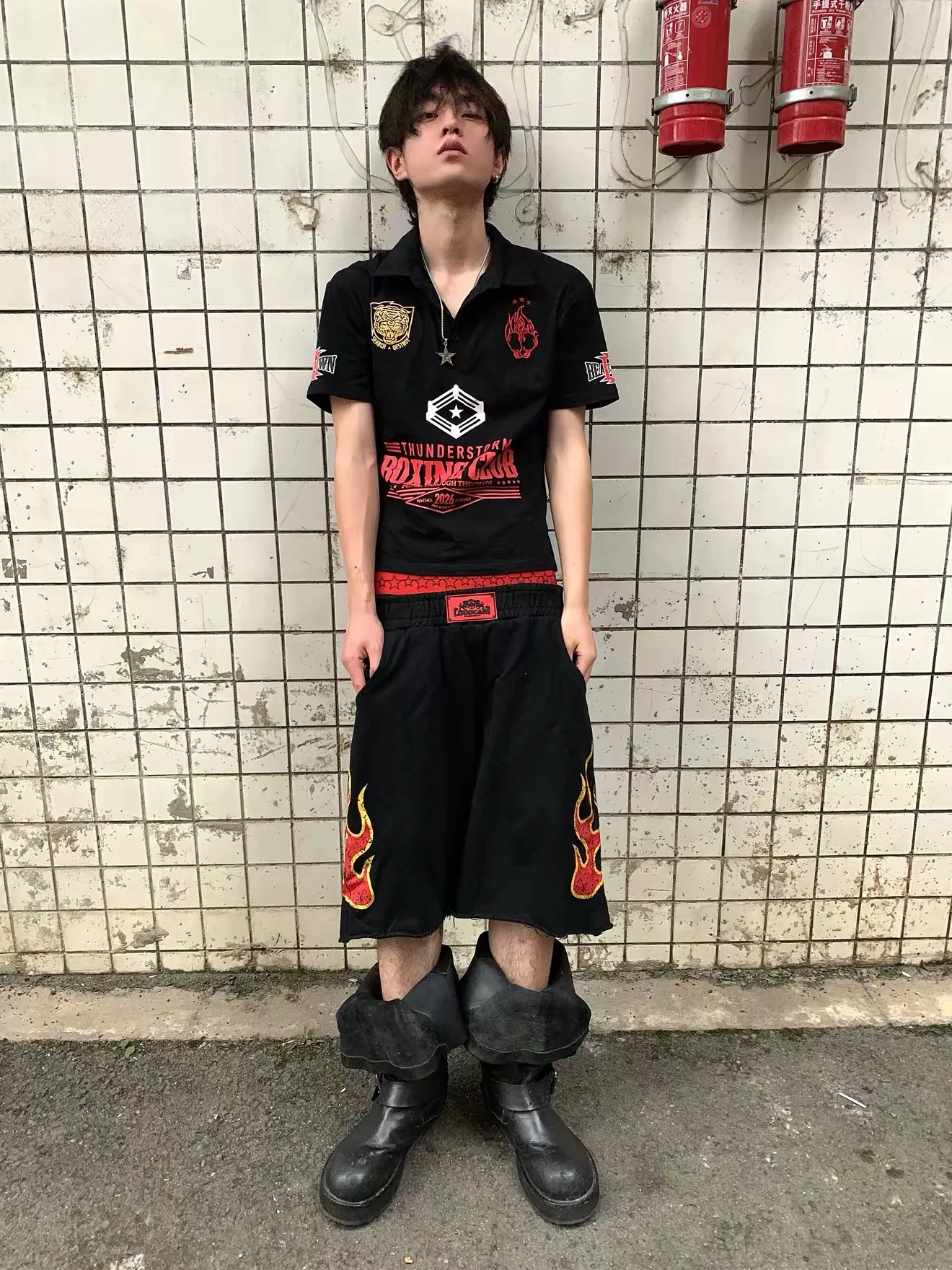 American Street Style Boxy Loose Fit Men's Seven-Footers with Patchwork Design And Furry Detail High Waist Straight Leg Pants