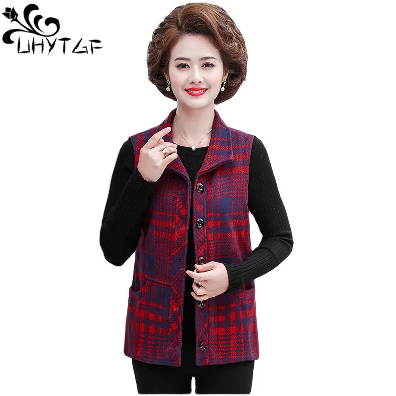 

UHYTGF Women's Sleeveless Vest Top Female Plaid Thin Spring Autumn Waistcoat Coat Female Middle-Aged Elderly Short Jackets 2108