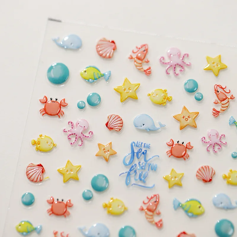 Crabs Starfish Shell Octopus Jelly Design Self Adhesive Nail Art Stickers Cute Marine Animal 5D Embossed Reliefs Manicure Decals