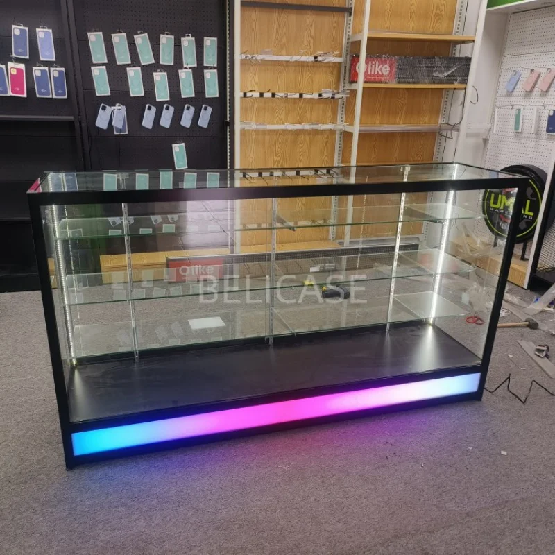 Customized.70inch aluminum frame show with LED lights Smoke Shop colorful glass display cabinet counter retail store modern