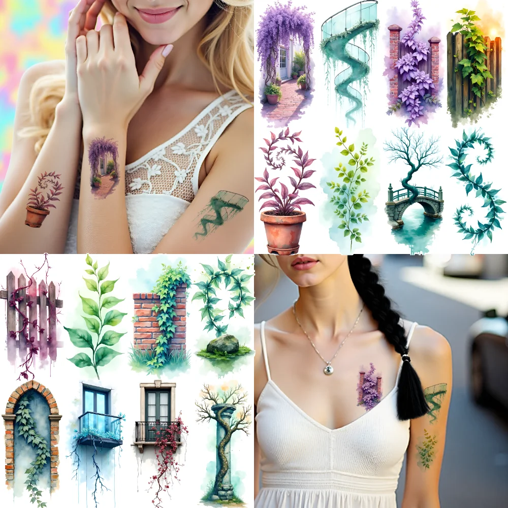 9 قطعة حجر الوشم المؤقت الممر ملصقات الوشم المؤقت الكرمة مغطاة جدار جسر منحني المائية مدينة الثعبان للأسلحة