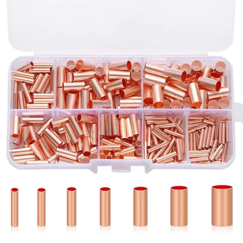 125/250Pcs Wire Ferrules Kit 7 Size Copper Crimp Connector Non Insulated Electrical Butt Terminal Assortment Kit
