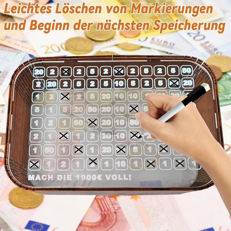 透明アクリル貯金箱,木製銀行,カウンター付き貯金箱,1000ユーロ