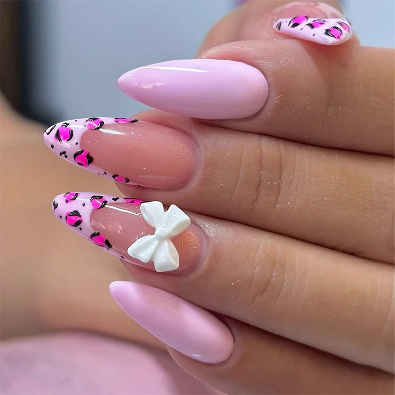 Uñas postizas de estilo francés rosa, diseños de lazo en 3D, uñas postizas cuadradas cortas a presión, moda coreana dulce para mujeres y niñas