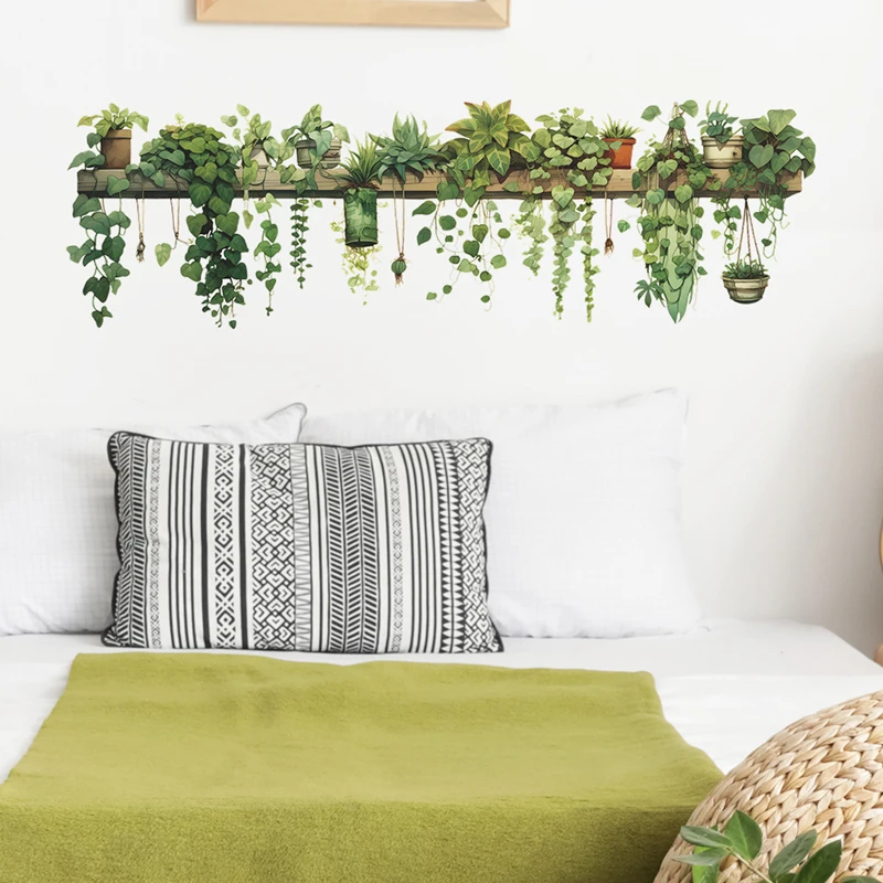Shelf Potted Plant Hanging Vine Vinyl Mural Stickers Aesthetic Room Decoration for Fresh Home Bedroom Bathroom Kitchen Wall Art