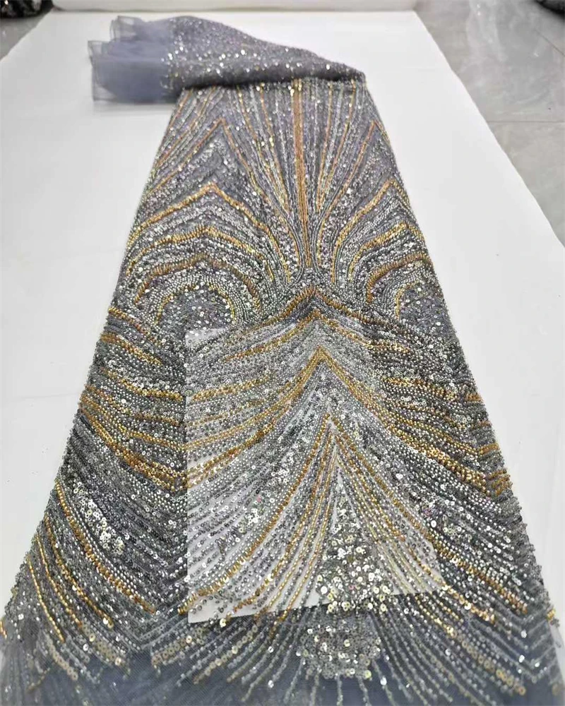 

African Nigerian High-Quality Sequins Tulle Lace Fabric for Prom Dresses Beads Embroidery Sewing Net Cloth