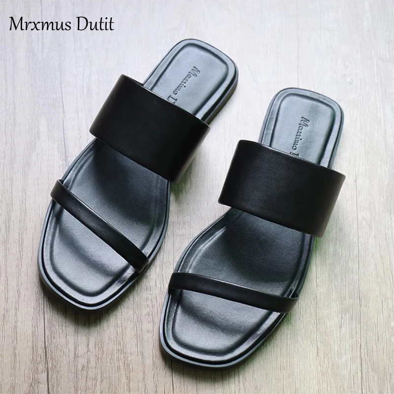 

Mrxmus Dutit 2023 New Summer Fashion Genuine Leather Open Toe Flat Sandals Women Slippers Solid Simple Casual Beach Shoes Female