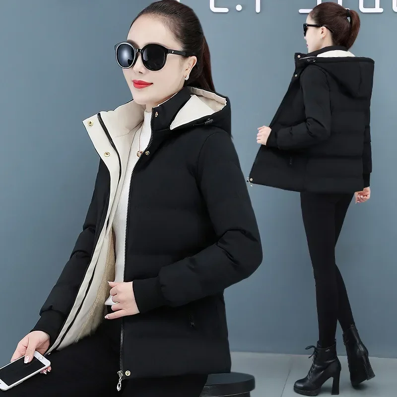 Winter New Velvet Cotton Jacket Female Fashion Large Size Slim Removable Cap Thickened Parkas Casual Warm Thicken Cotton Coat