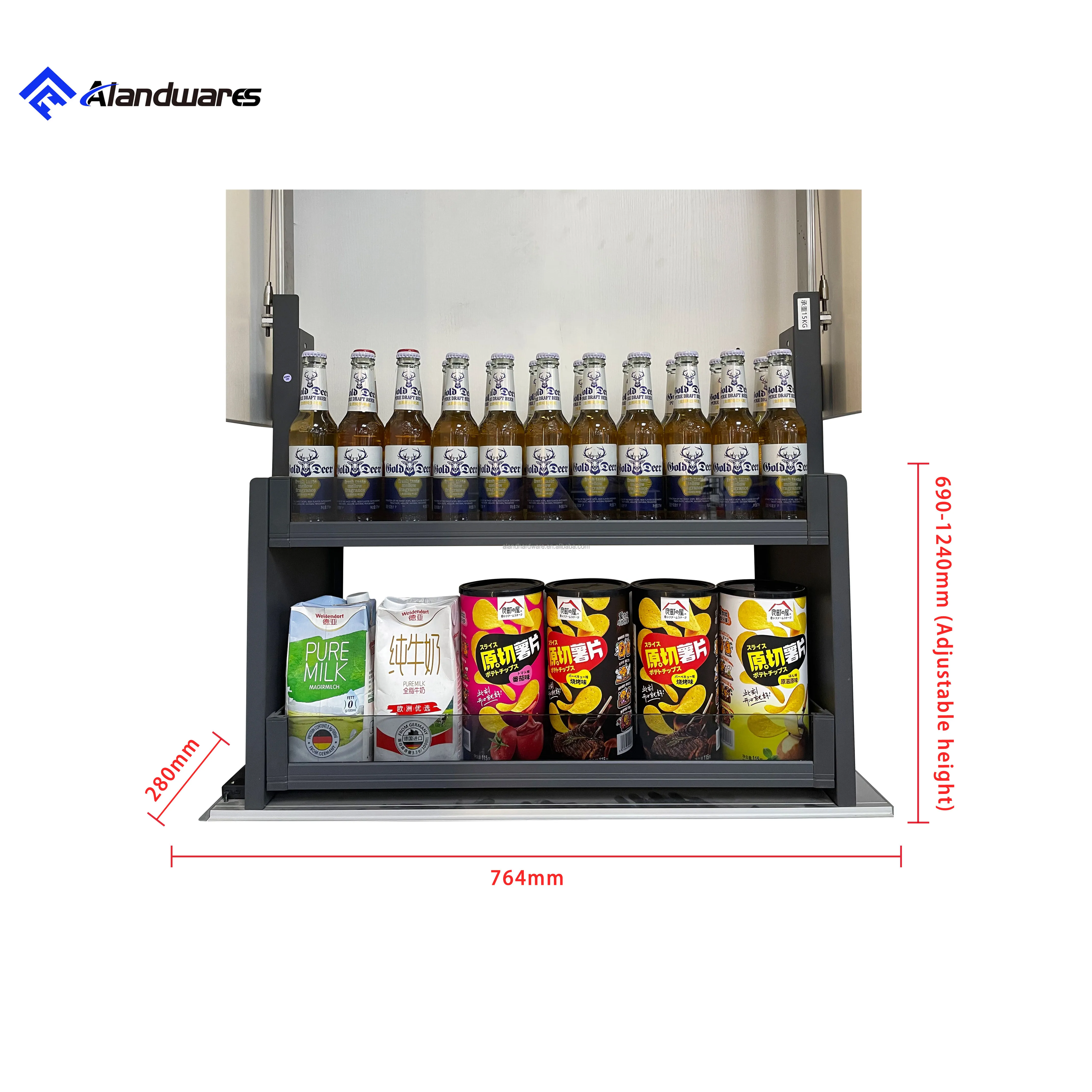 Most Trending Item 2025 Guangzhou Aland Smart 2 Tier Pull-Down Shelf Cabinet Aluminum Alloy Frame Glass Space-saving for Kitchen