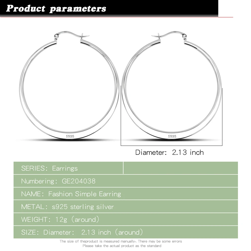 Big Circle 54MM Round 925 Sterling Silver Minimalist Hoop Earring for Women Bohemia Vintage Earring Ear Studs Charm Jewelry Gift