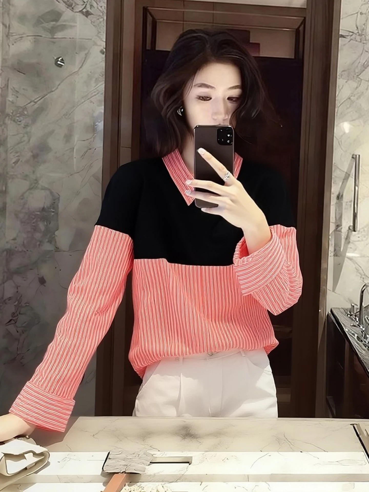Korean Style Color Block Striped Fake Two-Piece Casual Long Sleeve Shirt Women's Fashion Loose Shirt Autumn Versatile Top