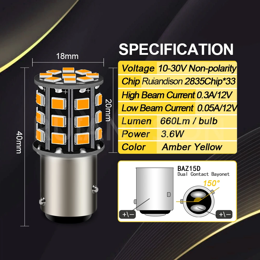 2x 0.35A Auto LED 1157 BAY15D P21/5 W BAZ15D 4 W Blanco/rojo/amarillo 12 V 12 V 24 V P21/4 W luz del coche 2835 33SMD sin polaridad función Dual