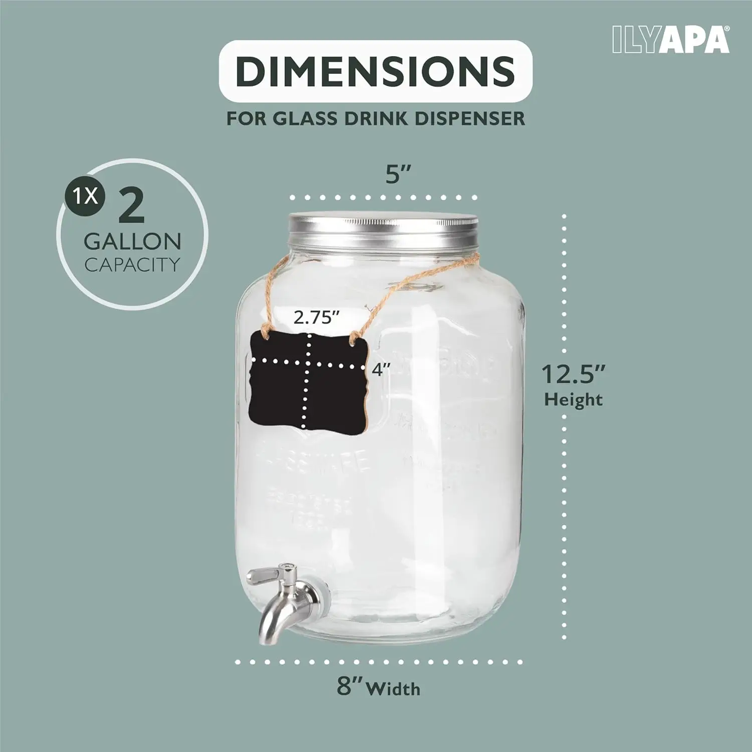 2 Gallon Drink Dispenser - Wide Mouth Glass Drink Dispenser - 100% Leak Proof Stainless Steel Spigot w/ Glass Flip Top Lid