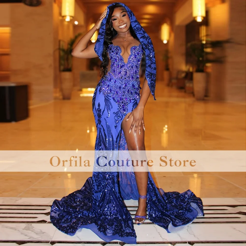 Blue Mermaid Prom Dress Crystal Beaded African Black Girls Party Gowns With Fringe Evening Gown Customized