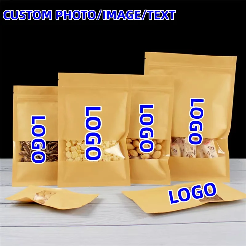

100PCS Flat Bottom Kraft Paper Window Ziplock Bags Heat Sealing Coffee Sugar Powder Snack Nuts Cereals Gifts Packaging Pouches
