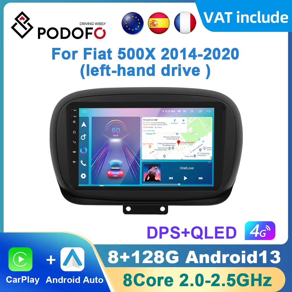 Podofo AI Voice Android Carplay Car Radio For Fiat 500X 2014-2020 Android Auto 4G Multimedia Player GPS Navigation RDS Radio