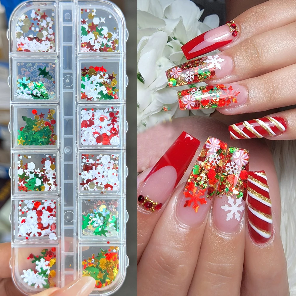 12Grid Festive Christmas Nail Glitter Sequins Mixed Hexagon Star Snowflake Christmas Tree Circle Holo Nail Flakes Xmas Paillette