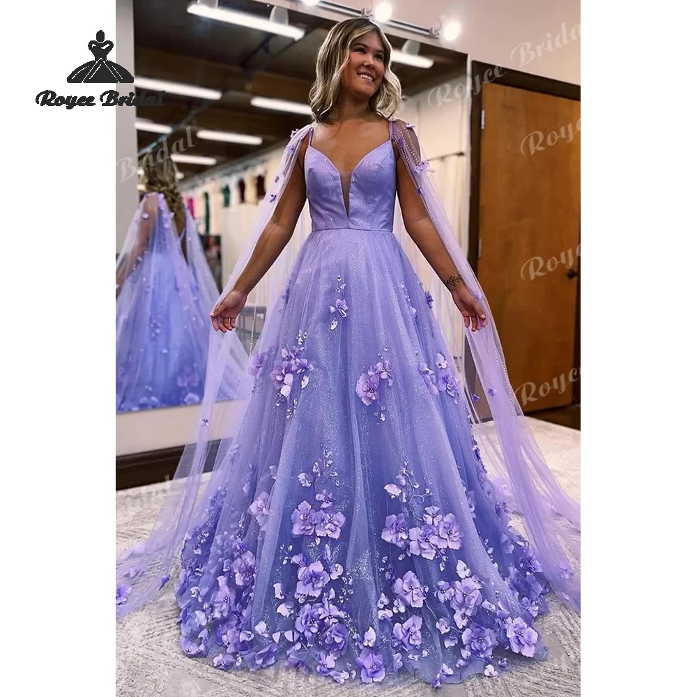 

Лавандовое 3D-платье А-силуэта с цветочным узором, вечернее, 2026, расшитое бисером, с глубоким V-образным вырезом, выпускное платье, на заказ