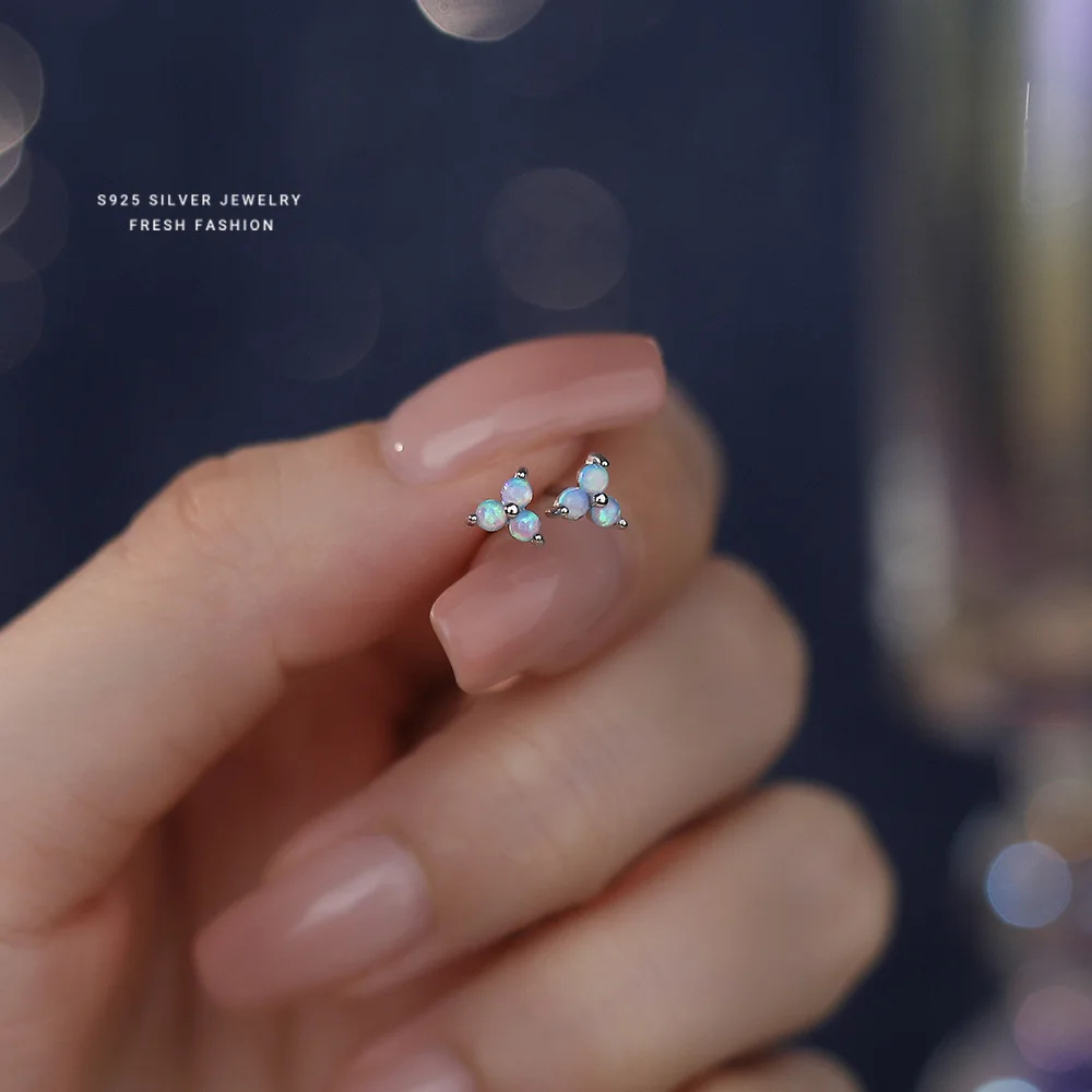 ITSMOS S925 Sterling Silver Colorful Three-petal Flower Stud Earrings Luxury Mini Flower Ear Bone Stud Ear Hole for Women