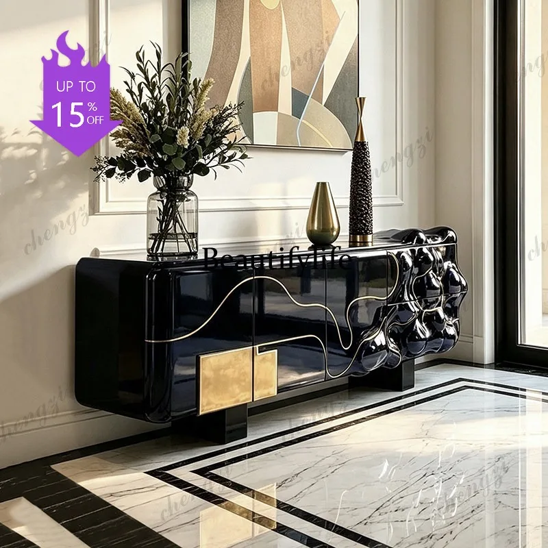 03 Italian Light Luxury Solid Wood Carved TV Cabinet, Villa Painted Storage Low Storage Side Cabinet