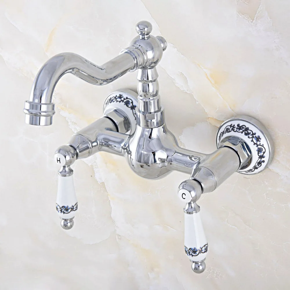 

Chrome Brass Double Handle Dual Hole Wall Mount Basin Faucet Swivel Spout Kitchen Bathroom Sink Cold And Hot Mixer Tap 2nf568