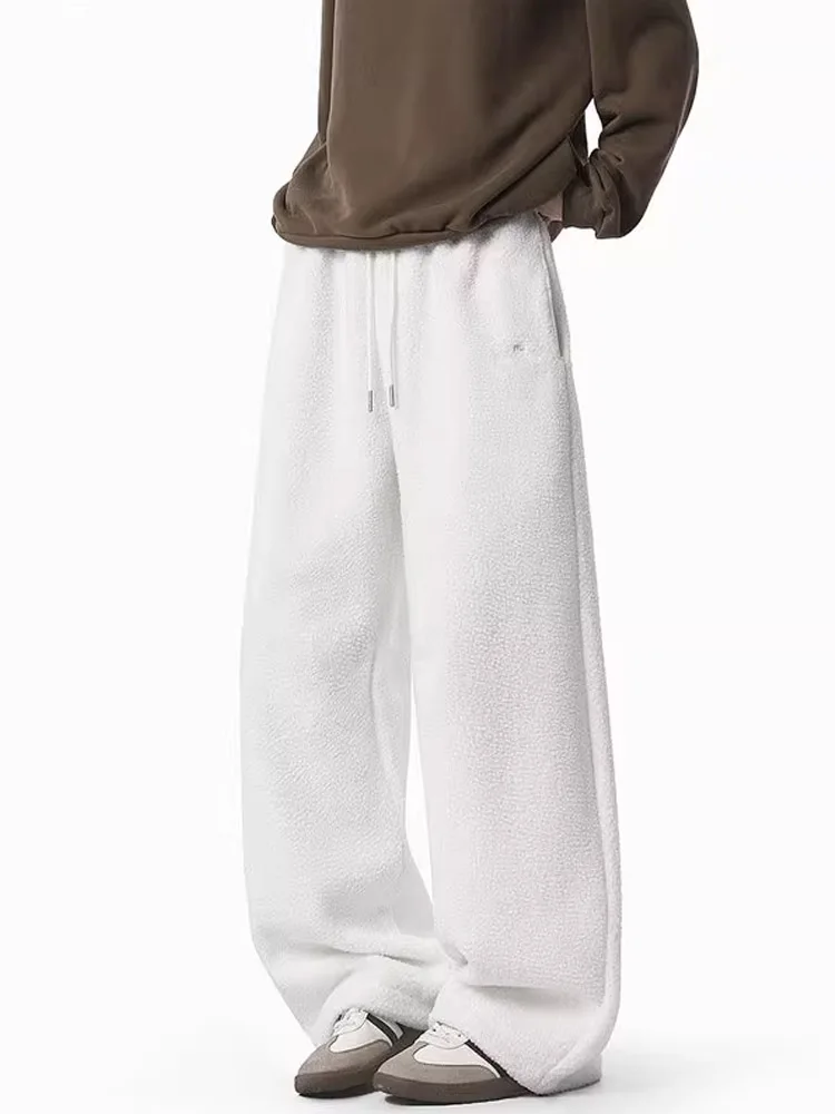

American Sle Thiened Lamb Fur Men's Casual Pants Loose Wide Leg Winter Outerwear Long Trousers Youth Faion Trend