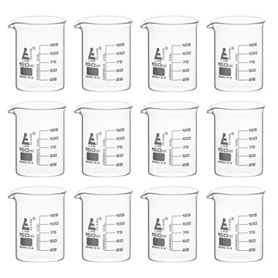 

12PK Beakers 150mL - Low Form with Spout - White 25mL Graduations - Borosilicate 3.3 Glass