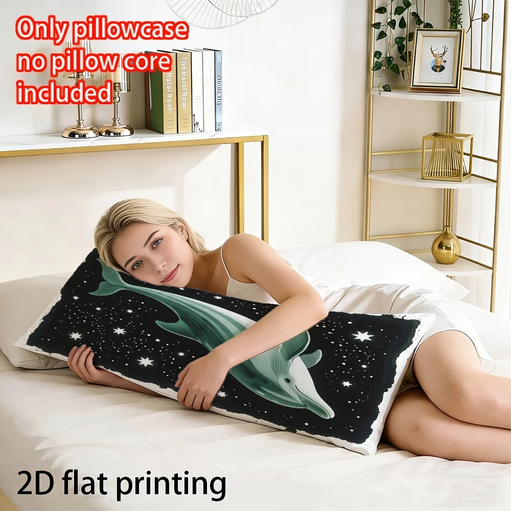 Long Pillowcase, 2D Printed Design, Dolphin Starry Night Pattern, Durable Fabric, Full Support Pillowcase, Double-Sided, Soft An