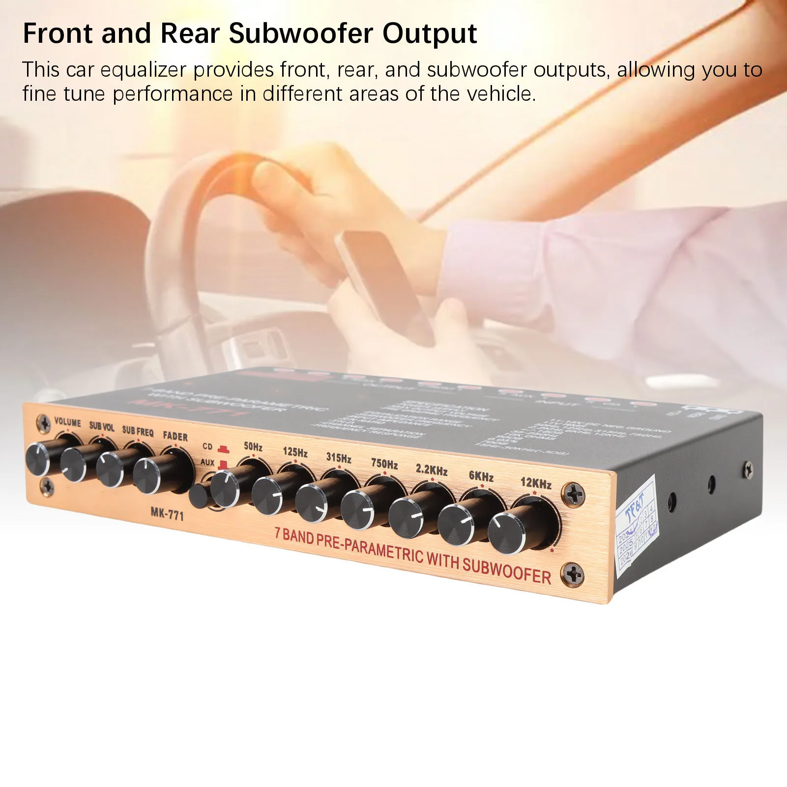 7-pasmowy equalizer samochodowy, graficzny equalizer samochodowy, wyjście subwoofera przedniego i tylnego, wejście głośnikowe wysokiej jakości do kamperów, łodzi i motocykli.