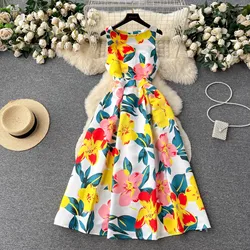 Flower Print Women Vest Midi Dress Elegant Fashion O-Neck Summer Sleeveless Slim High Waist A-Line Party Runway Tank Vestidos