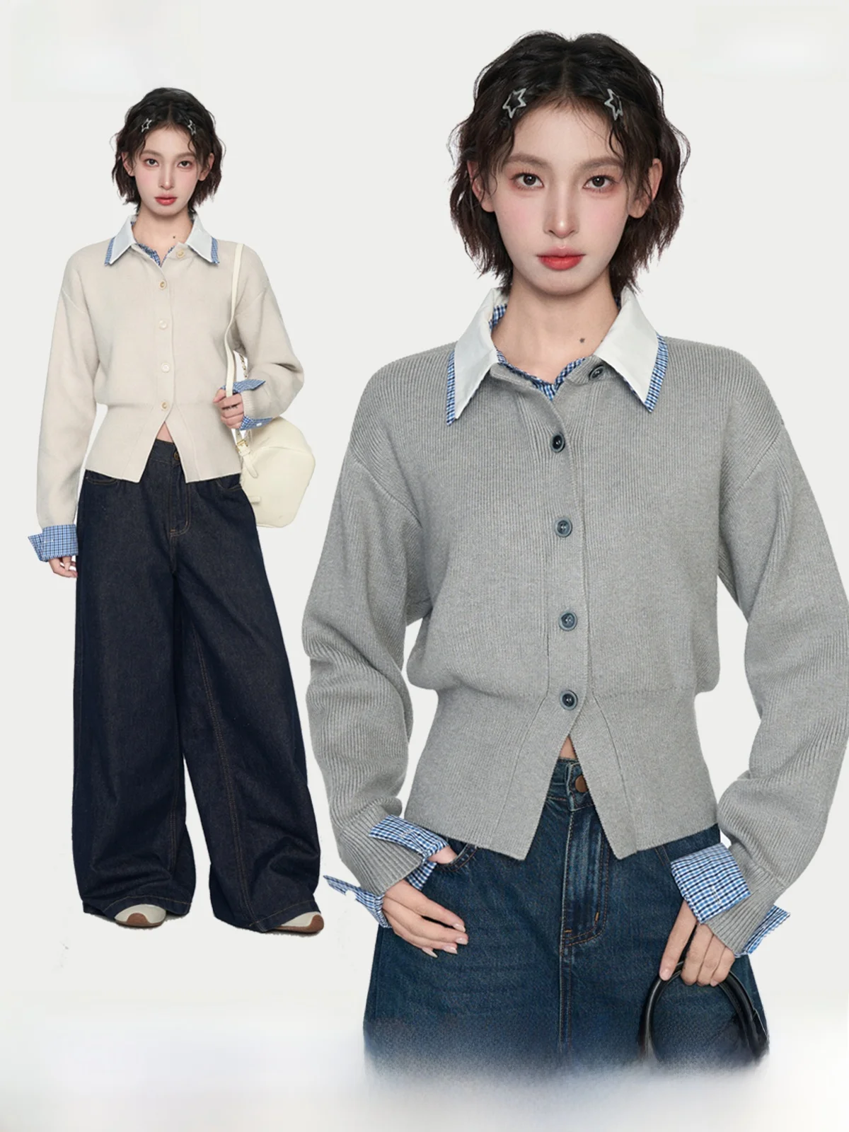 Gray Knitted Short Cardigan Women's Autumn Winter Waist-Cinching Slim Fit  Collar Sweater Jacket Top Korean Style Commute