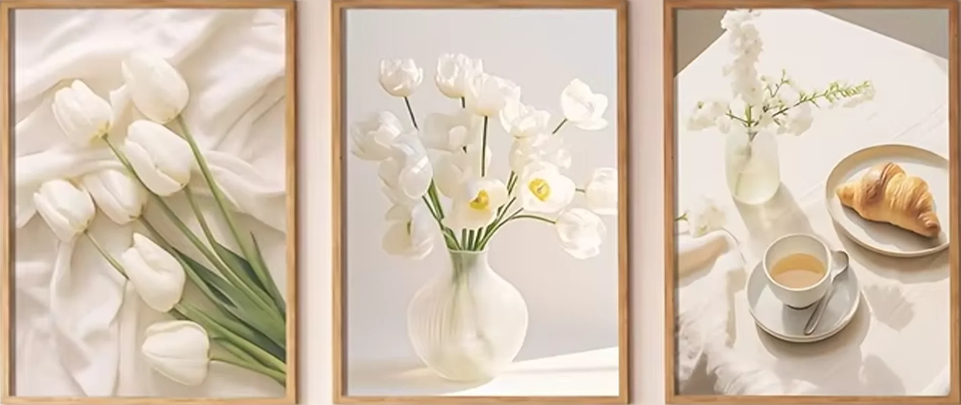 3PCS frameless decorative art print,White Tulip Flower Canvas Wall Art Elegant Floral Vase Coffee Croissant Prints Minimalist