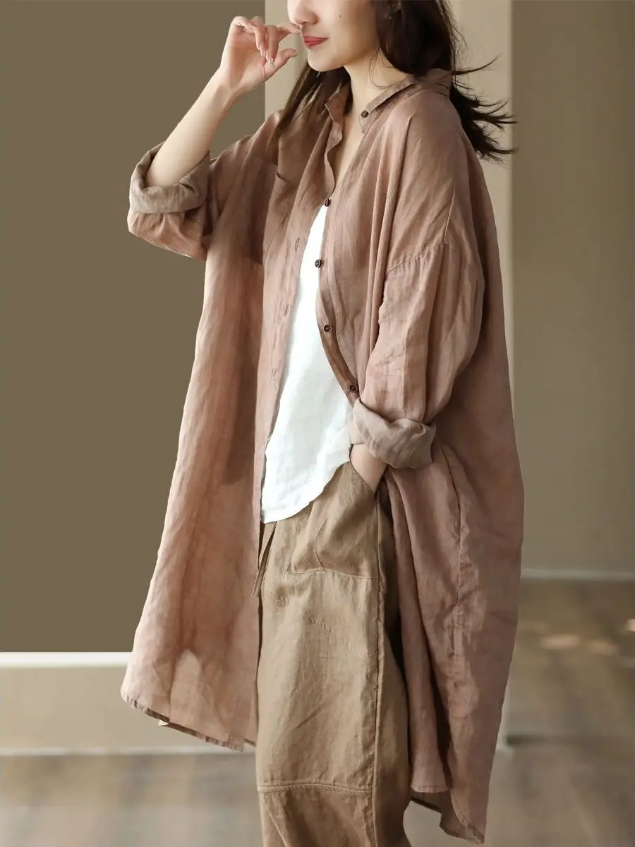 Retro algodão linho irt tamanho grande feminino cor pura k estampado comprimento médio único ket aberto cardigan outono nova chegada