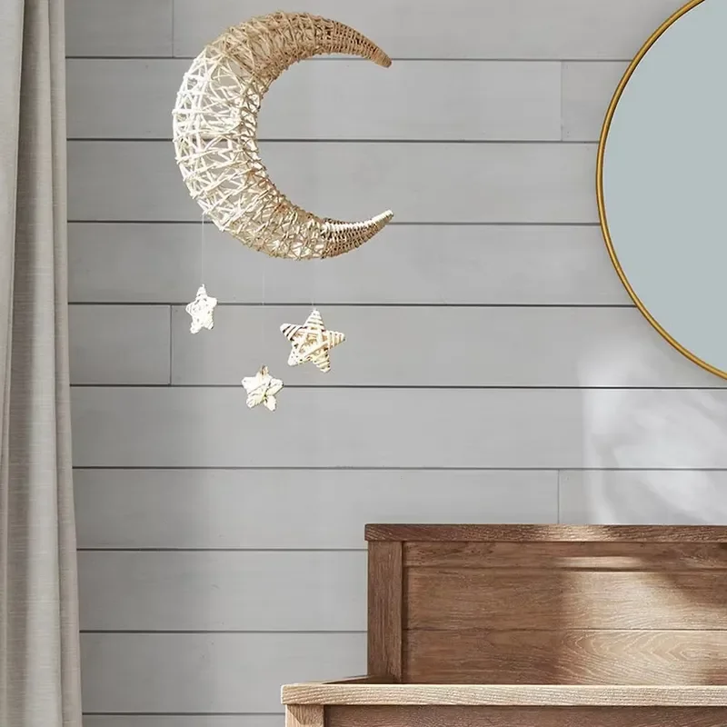 Handmade Modern Minimalist Rattan Weaving Moon Star Wall Hanging Home Decor Boho Style Interior Decoration for Living Room