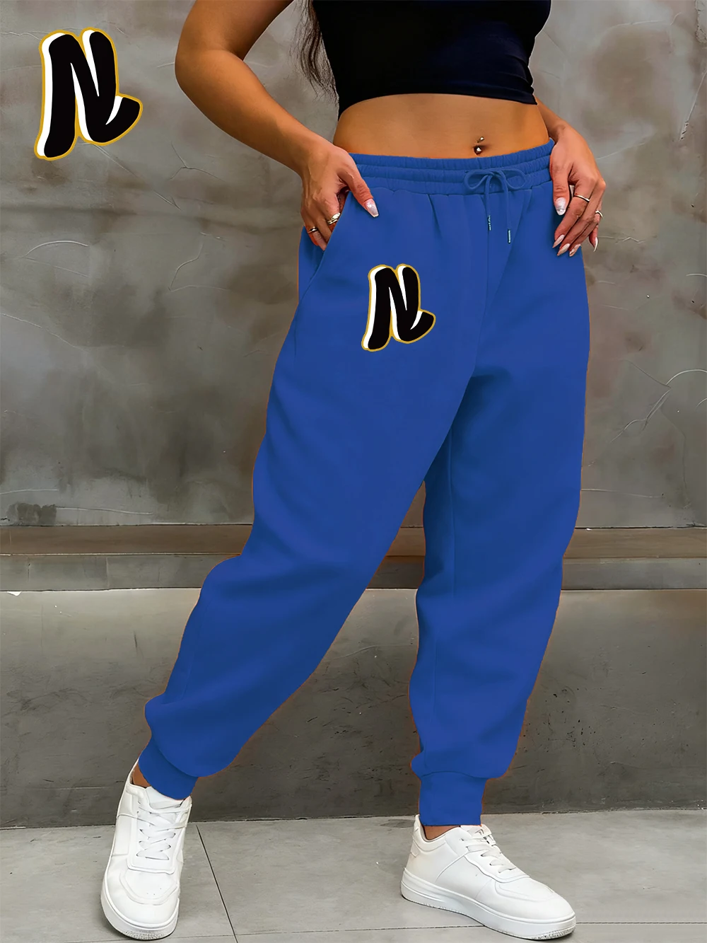 ニューヨークプリントスウェットパンツレディース冬ポケットジョガーパンツベーシックルーズフリース暖かいズボンカジュアル弾性ウエスト服