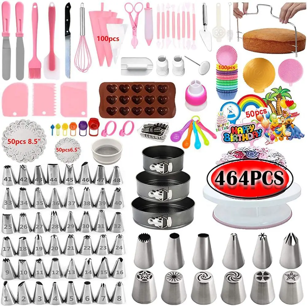 464pcs Cake Tools Kit Turntable Rotating Stainless Steel Cake Decorating Tips Set Spatula Scraper Cupcake Pan Baking Pastry Tool