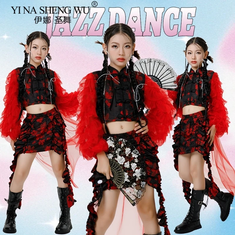أطفال الهيب هوب ملابس رقص الفتيات K-Pop الجاز شارع الرقص مرحلة الزي تنورة حمراء دعوى أداء ارتداء الأطفال ملابس الرقص #6