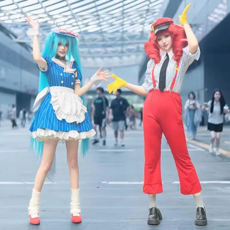 CyAnime 미쿠 최면술사 코스프레 의상 미쿠 카사네 테토 블루 스트라이프 로리타 메이드 복장 할로윈 파티 정장 여성 남성 소녀