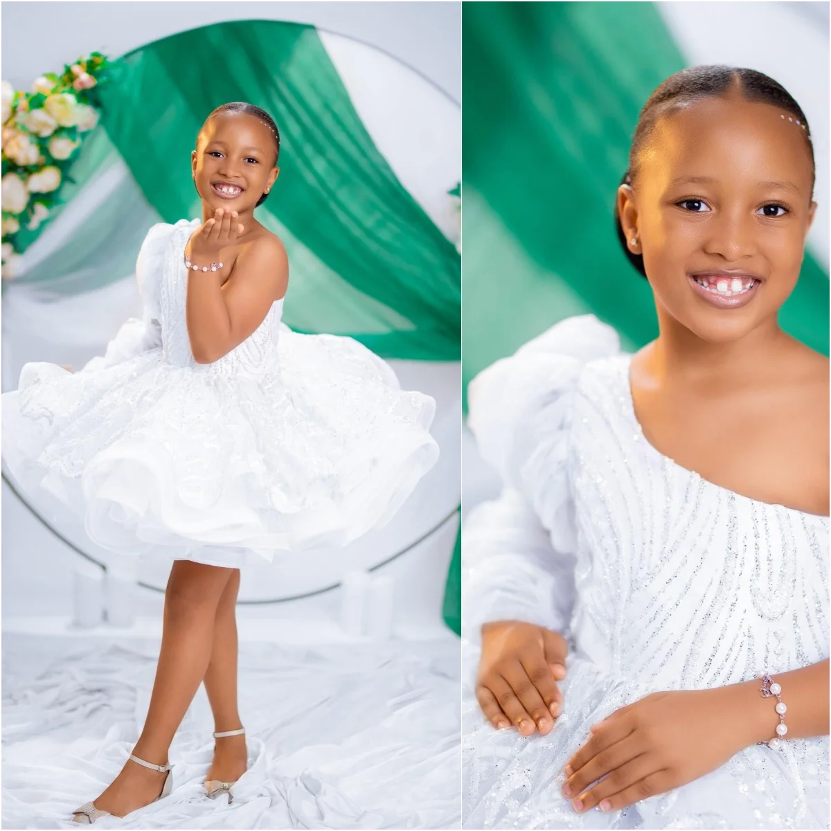 

White One Shoulder Flower Girl Dresses Pageant Gown for Wedding Tulle Ruffles Knee Length Birthday Party First