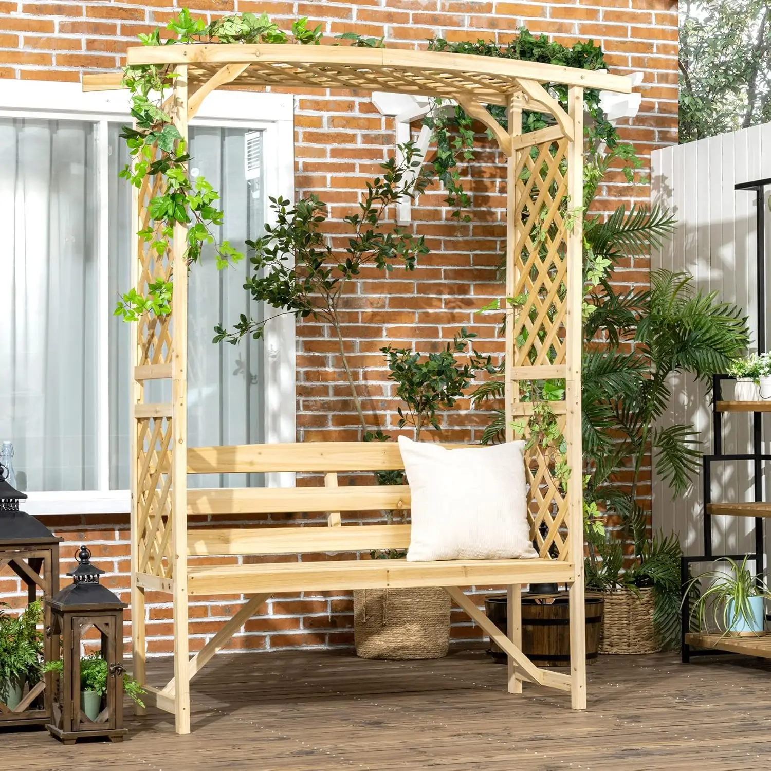 Patio Garden Bench Arbor Arch with Pergola & 2 Trellises, 3 Seat Natural Wooden Outdoor Bench for Grape Vines & Climbing Plants