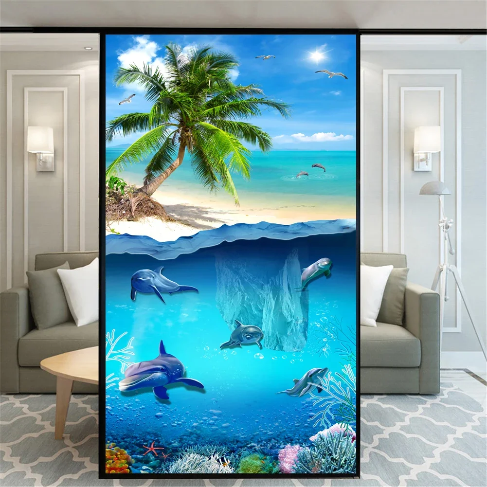 

LX Sea World No Glue Privacy Window Film Vinyl Static Cling Frosted Stained Glass Decorative Window Sticker Window Film