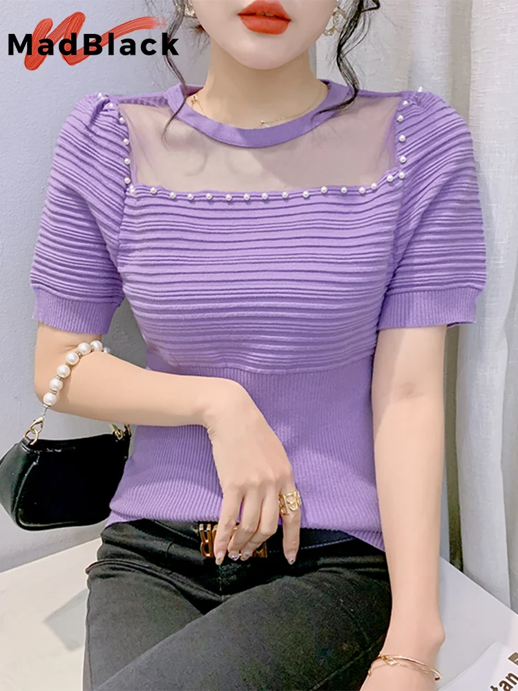 

MadBlack European Clothes Tshirts Women Sexy Round Collar Beaded Slim Knit Tops Short Sleeve Tees Summer 2024 New T42028JM