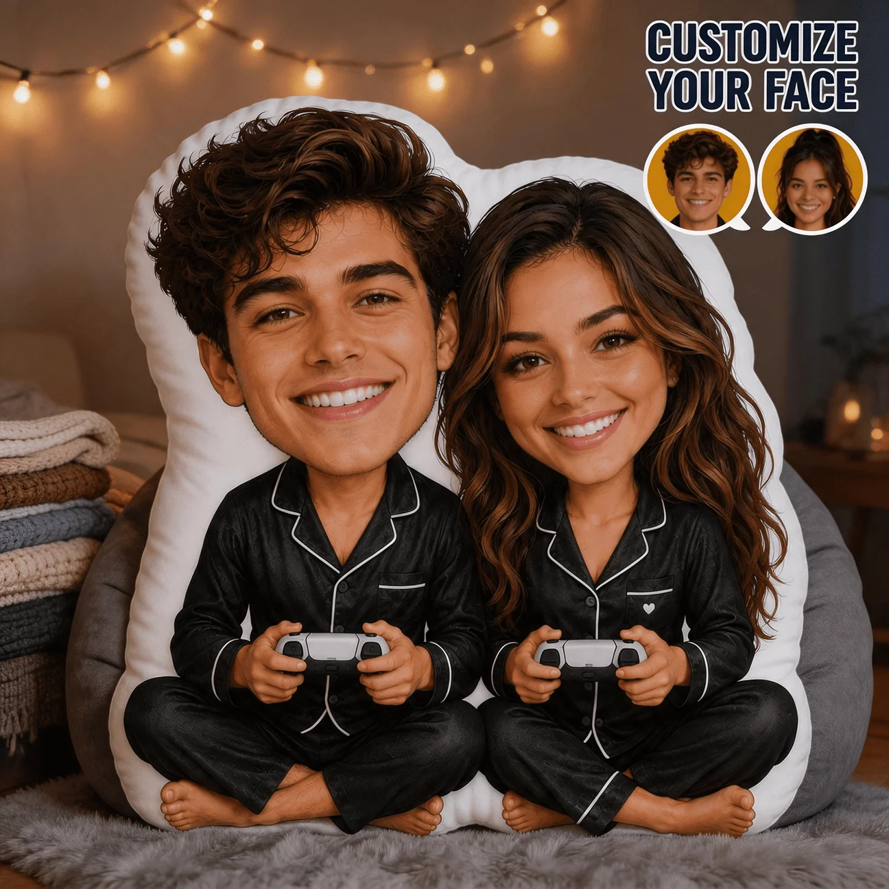 Custom Couple Photo Shaped Pillow, Personalized Face Decorative Cushion with Matching Pajamas Design, 70cm Large Size Accent Pil