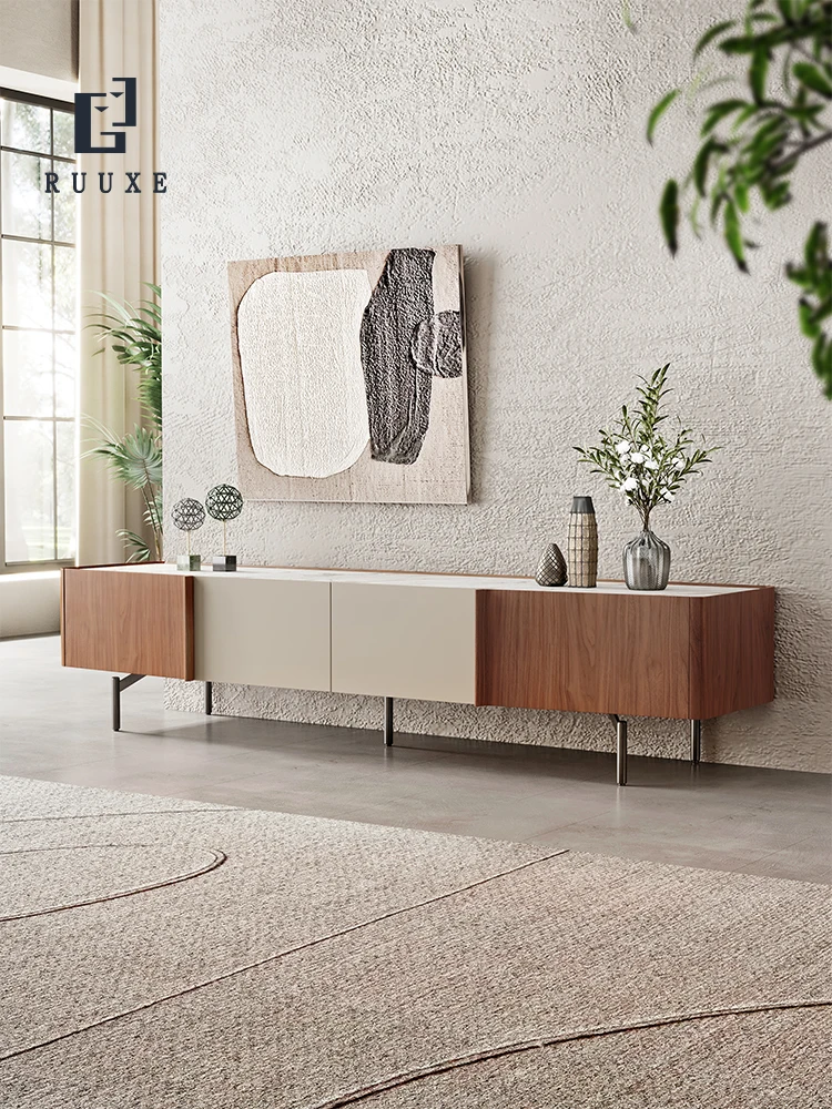 TV Cabinet and Tea Table Combination Italian Minimalist Nordic Storage Cabinet Stone Plate Retro High-Leg Floor Cabinet